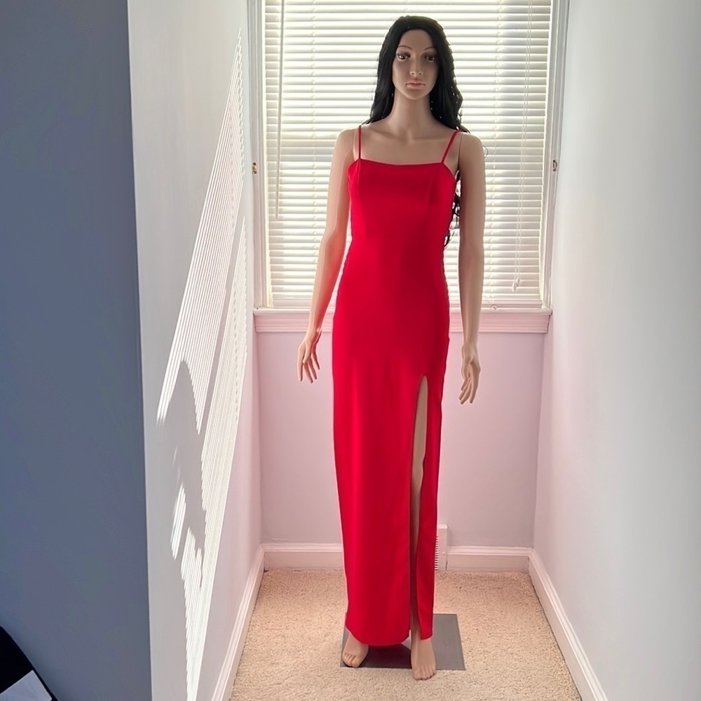 Long red rhinestone detailed back dress
